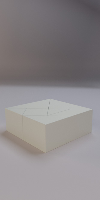 une table basse en résine douce au toucher, se présentant comme un cube fermé mais qui révèle un décor sophistiqué à l’intérieur dès que l’on joue avec elle. C’est une table dessinée comme le jeu du Tangram et qui permet de lui donner toutes sortes de formes en laissant aller son imagination. Le décor intérieur est composé d’une marqueterie géométrique en damier tricolore. Huit 8 pièces uniques, c’est-à-dire que chaque décor intérieur est de couleur différente, seront éditées pour cette œuvre de design d’art contemporain