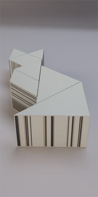 une table basse en résine douce au toucher, se présentant comme un cube fermé mais qui révèle un décor sophistiqué à l’intérieur dès que l’on joue avec elle. C’est une table dessinée comme le jeu du Tangram et qui permet de lui donner toutes sortes de formes en laissant aller son imagination. Le décor intérieur est composé d’une marqueterie géométrique en damier tricolore. Huit 8 pièces uniques, c’est-à-dire que chaque décor intérieur est de couleur différente, seront éditées pour cette œuvre de design d’art contemporain