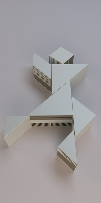 une table basse en résine douce au toucher, se présentant comme un cube fermé mais qui révèle un décor sophistiqué à l’intérieur dès que l’on joue avec elle. C’est une table dessinée comme le jeu du Tangram et qui permet de lui donner toutes sortes de formes en laissant aller son imagination. Le décor intérieur est composé d’une marqueterie géométrique en damier tricolore. Huit 8 pièces uniques, c’est-à-dire que chaque décor intérieur est de couleur différente, seront éditées pour cette œuvre de design d’art contemporain