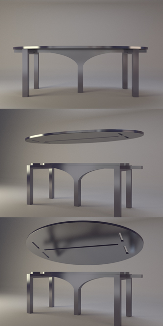 une table au plateau réversible, créée comme un puzzle où tous les éléments s’emboîtent sans vis ni mécanismes, à la finition laquée brillante, dont une des faces est unie et l’autre face présente un décor composé de milliers de pois intitulé Circuit précieux. Cette table est éditée en 8 huit exemplaires uniques, c’est-à-dire que chaque exemplaire a une couleur de laque et de décor différente. Elle fait typiquement partie de la discipline de design d’art contemporain