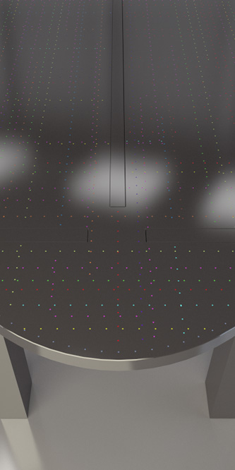détail de la table Renversante au plateau réversible où l’on voit plus précisément le décor Circuit précieux en finition multicolore, un 1 des huit 8 exemplaires uniques édités dans le cadre du design d’art du XXIème siècle