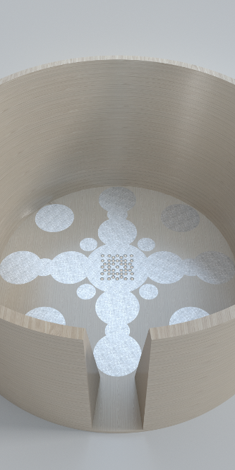 pièce unique monumentale, véritable meuble-pièce à vivre en strates de chêne en finition soyeuse qui contient un centre en météorite dans lequel se reflète la flamme des bougies. Il s’agit d’un objet d’exception dont le but est de permettre à son ou sa propriétaire de se réfugier dans la solitude et la méditation. Une œuvre de design d’art contemporaine, épurée et merveilleuse