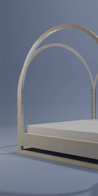 Parenthèse, lit de rêves, chêne clair et feuille d’argent, 200 x 210 x 200 cm