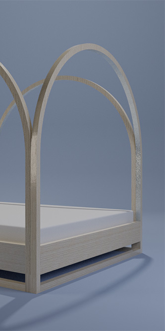 Parenthèse, lit de rêves, chêne clair et feuille d’argent, 200 x 210 x 200 cm