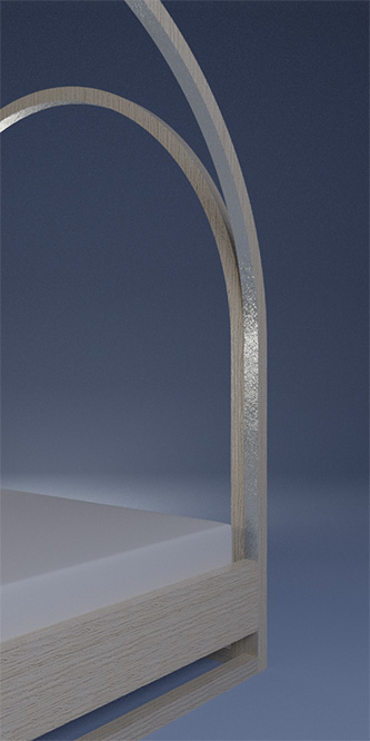 Parenthèse, lit de rêves, chêne clair et feuille d’argent, 200 x 210 x 200 cm