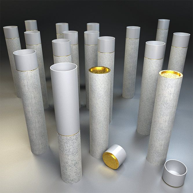 12 douze gobelets et 1 une carafe en porcelaine sur supports hauts en béton, joints par une surface en feuille d’or ou d’argent. Le service Treize à table est composé de douze gobelets et d’une carafe mais extérieurement, une fois que tous les éléments sont joints, on dirait qu’il y en a treize et non pas douze + un. Ce service est édité en 2 (deux) exemplaires, une fois en finition à la feuille d’or et une fois en finition à la feuille d’argent et il est destiné à un collectionneur ou amateur ou une collectionneuse ou amatrice d’art ou de design d’art contemporain