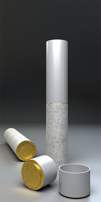 un autre détail de 2 deux gobelets à eau en porcelaine et feuille d’or avec un support en béton – où l’on constate que celui-ci est aussi fini à la feuille d’or – et la carafe à eau en porcelaine et feuille d’or et son support moins haut mais également en béton et feuille d’or. Ces éléments font partie du service à eau Treize à table édité en 2 deux exemplaires uniques et sont issus du design d’art du XXIème siècle