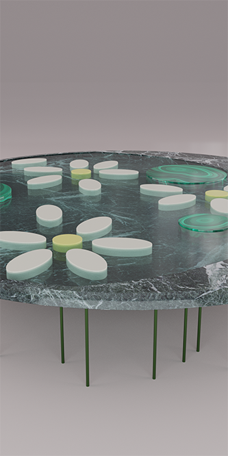 détail de la table basse en pierres naturelles – marbre noir, agate blanche, quartz citron et malachite – emplie d’eau dans laquelle sont posés des feuilles et des fleurs de nymphéas également appelés nénuphars. Pièce unique et monumentale de design d’art du XXIème siècle destinée à un collectionneur averti ou une collectionneuse avertie