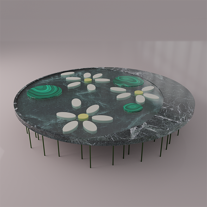 une table basse monumentale et naïve, rappelant les dessins d’enfants et l’époque où l’on trempait ses mains nonchalamment dans l’eau fraîche de la fontaine. C’est une pièce unique, en pierres naturelles telles que le marbre, la malachite, l’agate et le quartz, pour un amateur ou une amatrice d’art et de beaux objets de design contemporain qui ne craint pas l’originalité et le clin d’œil au monde enfantin. Les nymphéas ou nénuphars en pierre sont posés sur un lit d’eau. Les pieds de la table, multiples et symbolisant les longues racines des nénuphars, sont en acier laqué