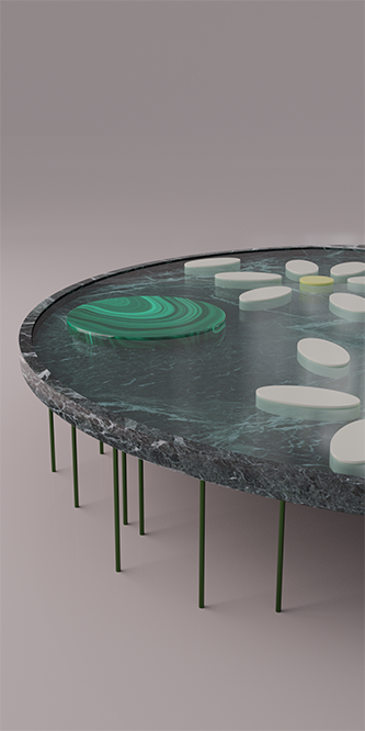 autre détail de la table basse de très grand format en pierres naturelles telles que le quartz citron, l’agate blanche, la malachite et le marbre noir, emplie d’eau et de nymphéas en pierre dans un style naïf, sur des pieds en acier laqués qui devrait intéresser les amateurs et amatrices de design d’art contemporain car c’est une pièce unique