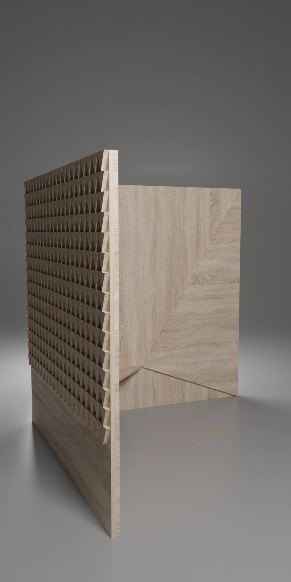 Façade intérieure, banc méditatif, chêne clair, jeu de veines, verni soyeux, 2x L 200 x H 200 cm, hauteur d'assise 40 cm