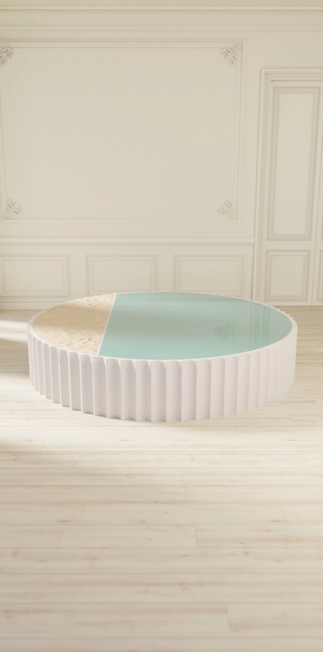 L'immensité de la mer, table basse,  béton, verre coloré, sable fin, D 200 x H 40 cm
