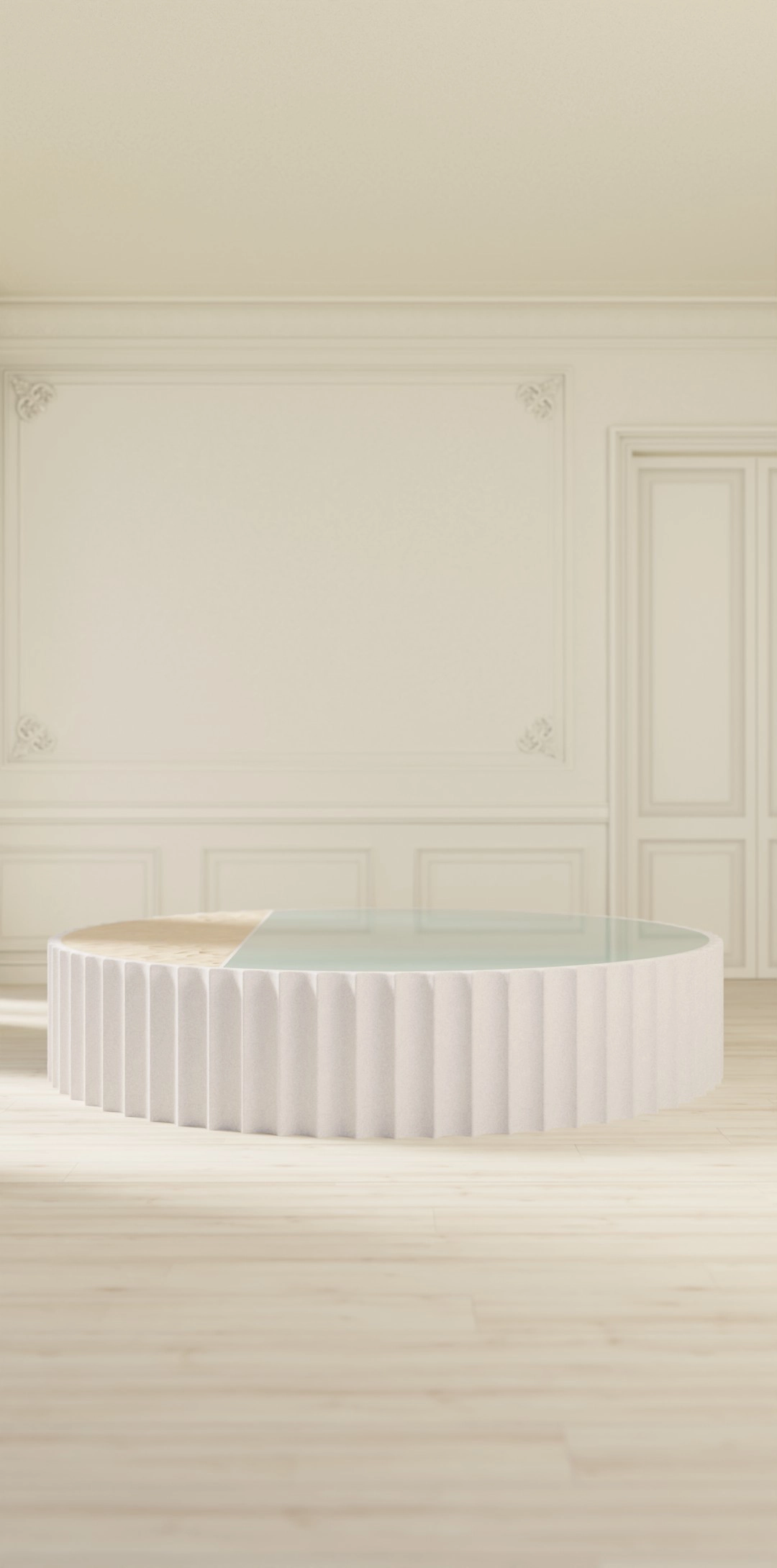 L'immensité de la mer, table basse,  béton, verre coloré, sable fin, D 200 x H 40 cm