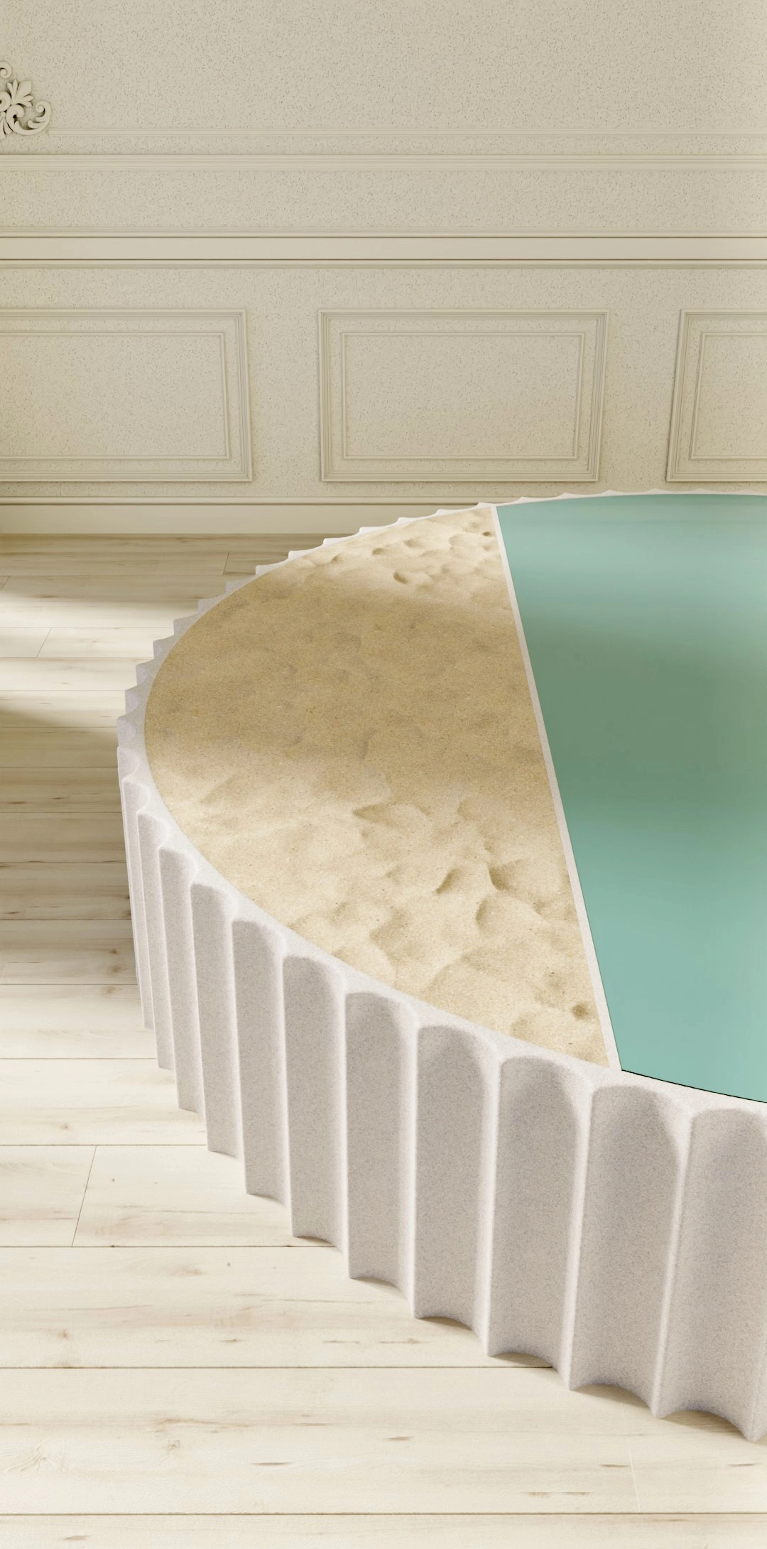L'immensité de la mer, table basse,  béton, verre coloré, sable fin, D 200 x H 40 cm