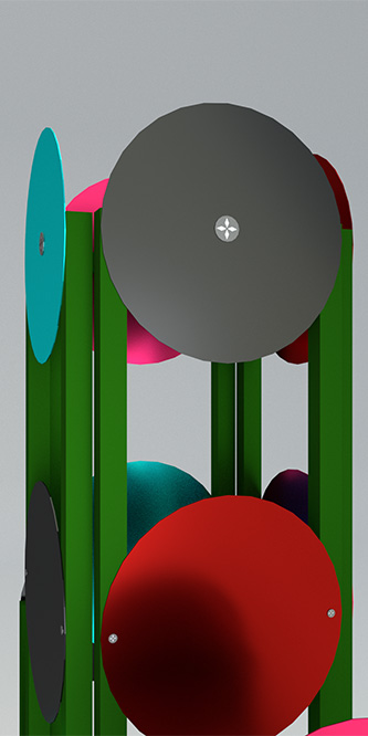 une structure métallique verte de 3 trois mètres de hauteur sur laquelle sont fixés plusieurs dizaines de disques de verre coloré par des vis à la tête gravée d’une étoile pour former un sapin de Noël monumental, géométrique, original, brillant et précieux. Un objet un peu fou pour terminer l’année avec une note artistique et design, emblématique du XXIème siècle