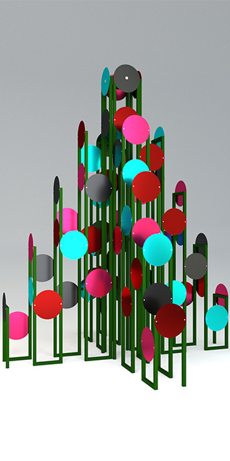 une structure métallique verte de 3 trois mètres de hauteur sur laquelle sont fixés plusieurs dizaines de disques de verre coloré par des vis à la tête gravée d’une étoile pour former un sapin de Noël monumental, géométrique, original, brillant et précieux. Un objet un peu fou pour terminer l’année avec une note artistique et design, emblématique du XXIème siècle